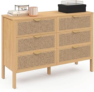 IDMarket - Commode 6 tiroirs EDHEN 115 cm Bois et cannage