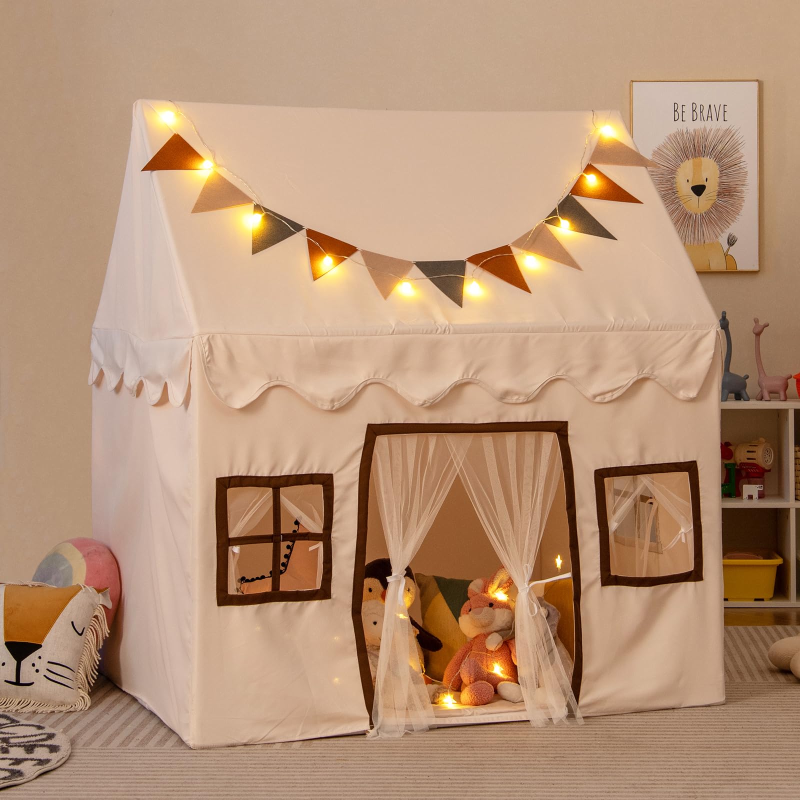 RELAX4LIFE Tenda da Gioco con Tappetino Imbottito, Casa Gioco per Bambini con Luci a Stringa e Bandiere Colorate, 3 Finestre e Tende in Rete, Casa Gioco per Interni ed Esterni per Bambini 3 ANNI+
