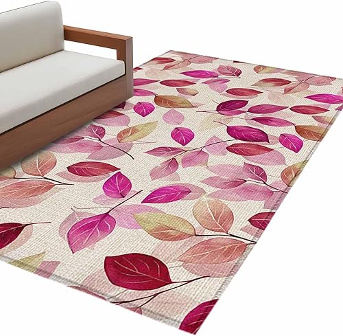 Miniatura 2 de 4x6 Area Rugs, Red Pink Leaves Non-Skid Rubber Backing Large Rectangle Rugs - Living Room Bedroom Home Office, Botanical Abstract Color Retro Plants