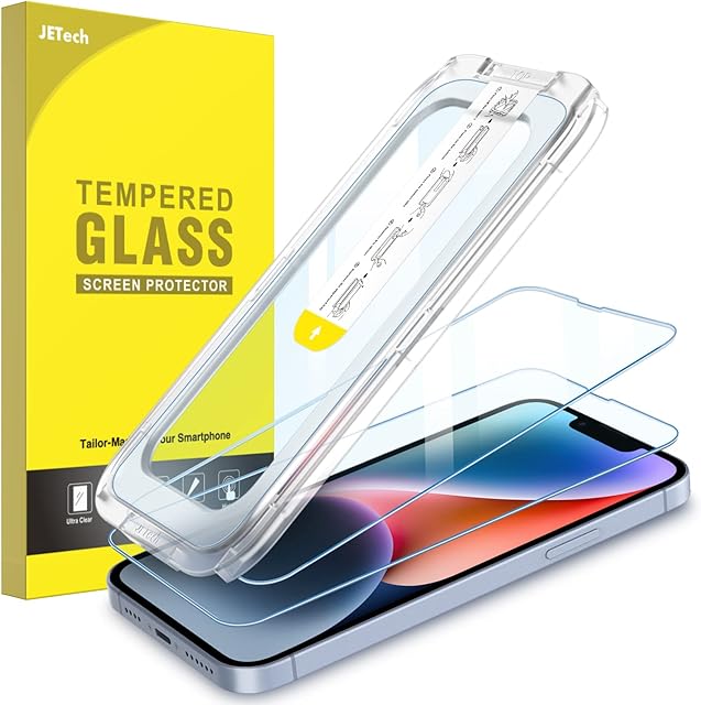 JETech One Touch Install Screen Protector for iPhone 14 Plus 6.7-Inch, Full Coverage Tempered Glass Film, Auto Alignment Tool Kit, HD Clear, 2-Pack