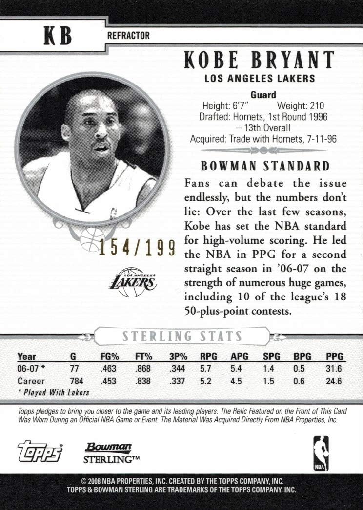 2007-08 Bowman Sterling Refractor #KB Kobe Bryant Event or Game Worn Lakers Jersey Basketball Card - Only 199 made!