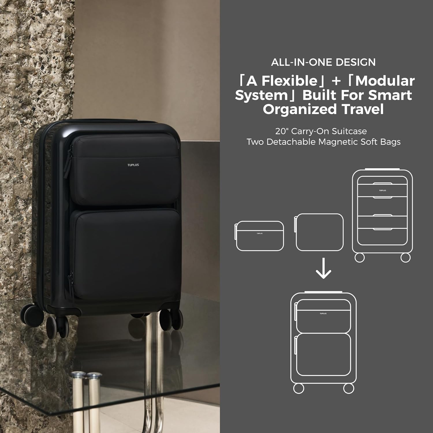 TUPLUS 20" Suitcase Lightweight Modular Suitcase Hard Shell Carry On Luggage with 4 Spinner Wheels, Access Collection