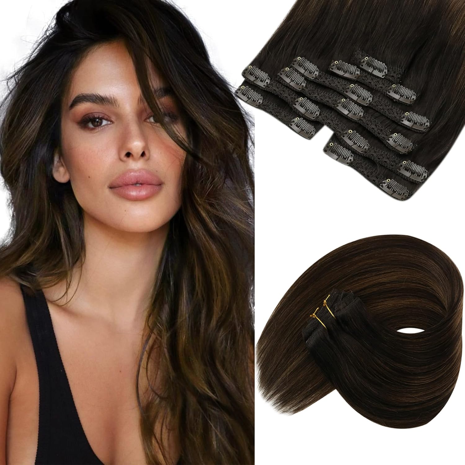 Sunny Clip in Hair Extensions Real Human Hair Brown Balayage Clip in Remy Hair Extensions Dark
