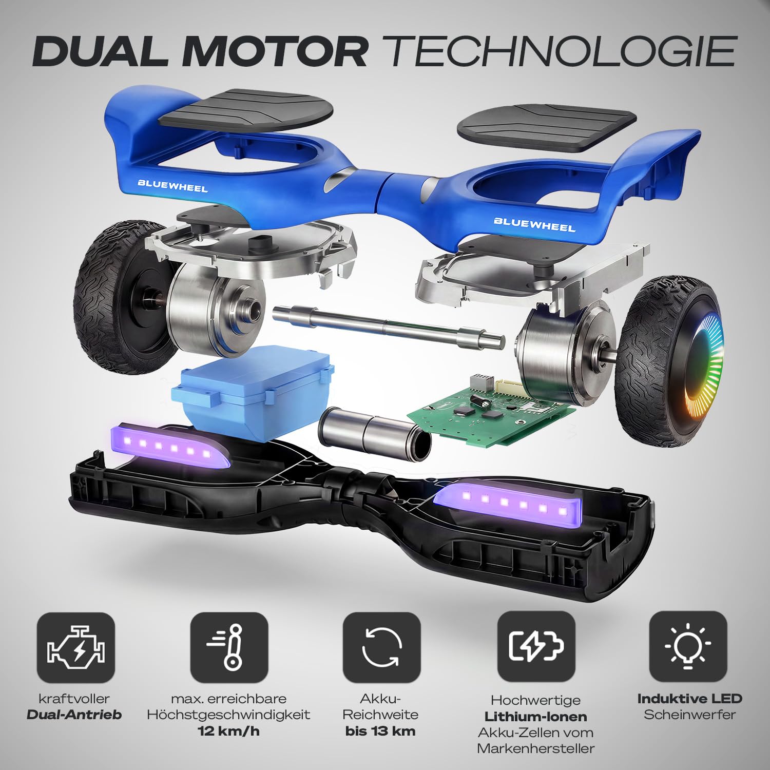 Bluewheel HX720 Hoverboard Enfant 6,5 Pouces, Double Moteur 500W, Bluetooth | Marque allemande, haut-parleur Bluetooth, roues LED, 12 km/h max, autonomie 13 km, auto-équilibrage, pour enfants et adultes