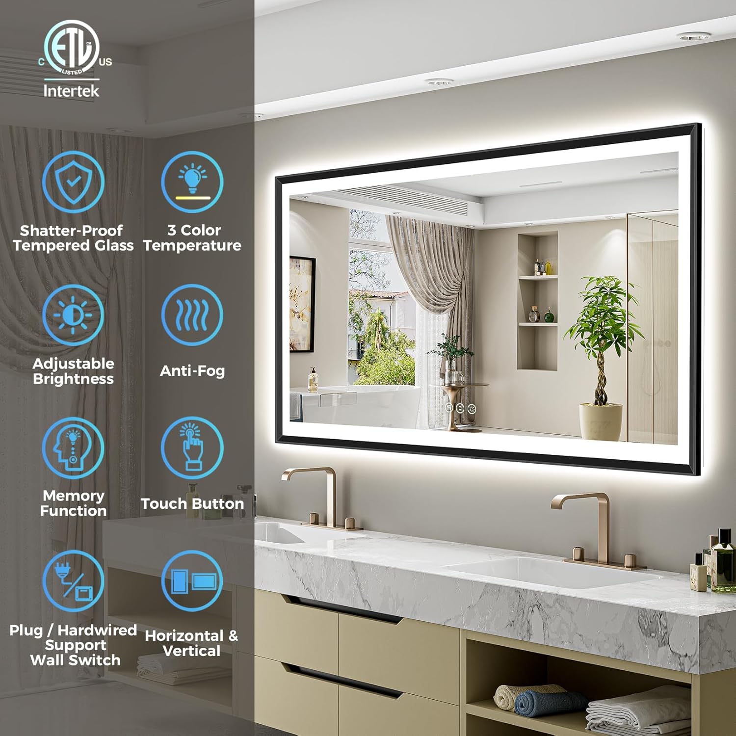 72x40 Black Framed LED Bathroom Mirror with Lights, Backlit and Front Light, Lighted Bathroom Vanity Mirror for Wall Dimmable Anti-Fog Memory Tempered Glass Horizontal/Vertical