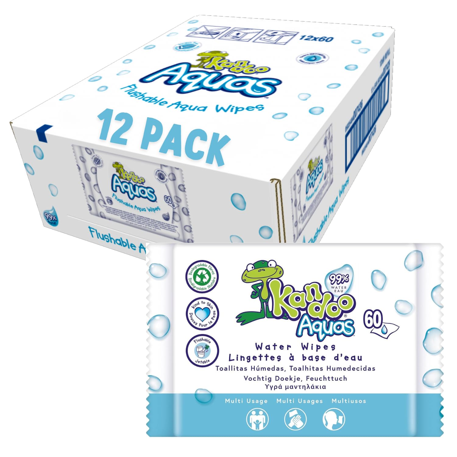 Aquas 99% Water Based Flushable Moist Toilet Tissues, Biodegradable, Plastic Free, Toilet Training Wet Toilet Tissues, Toddler Wipes | Multipack 12 X Kandoo