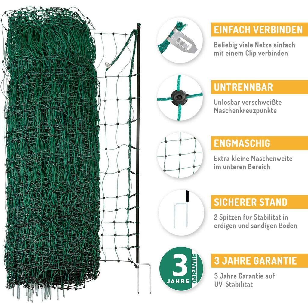 Agrarzone Hühnerzaun Komplett-Set 50m x 112cm Geflügelnetz Weidezaun Hühner | Weidezaungerät, mobiler Geflügelzaun, mit Strom, 12V, 230V