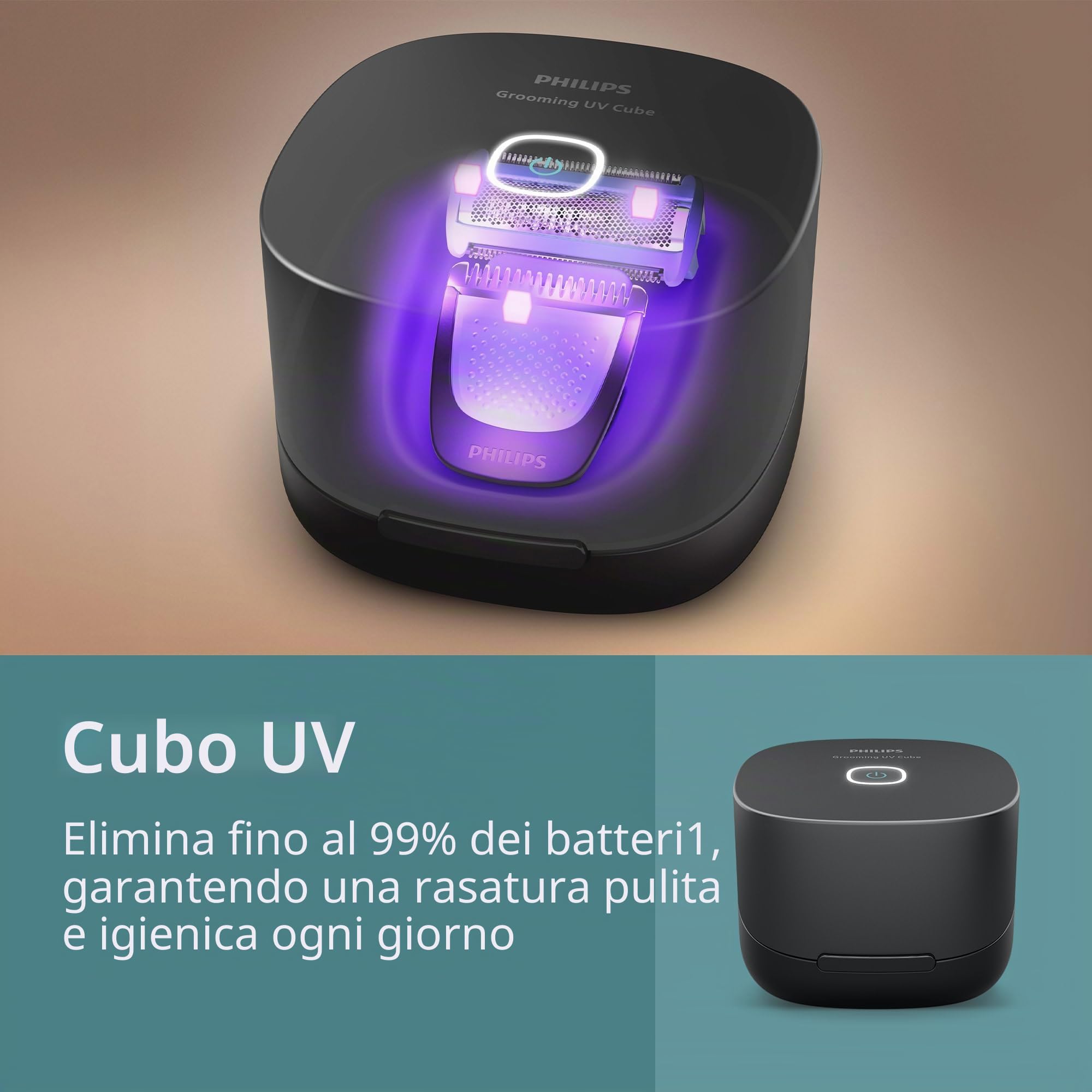 Philips Norelco Body Groomer 9000 Series, rasoio per uomini e sistema di rasatura intima con pulitore UV Cube e attacco posteriore regolabile, 100% impermeabile, BG9480/50