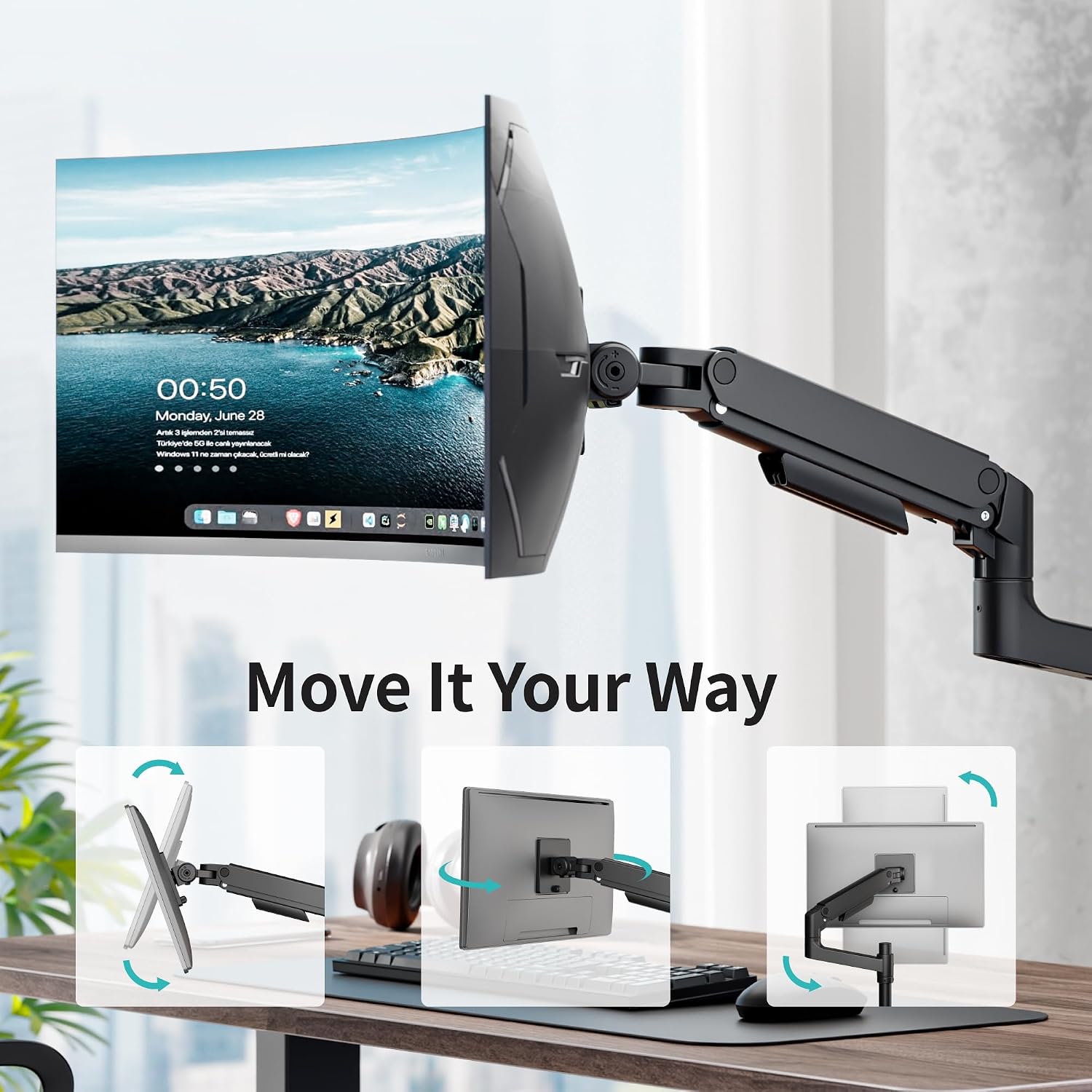 PEGZONE Single Monitor Arm for 17”-49“Ultrawide Monitors, Heavy Duty Single Monitor Mount Holds 44 lbs, Full Motion Gas Spring Vertical Desk Mount, 75/100 VESA Mount, (Balck)