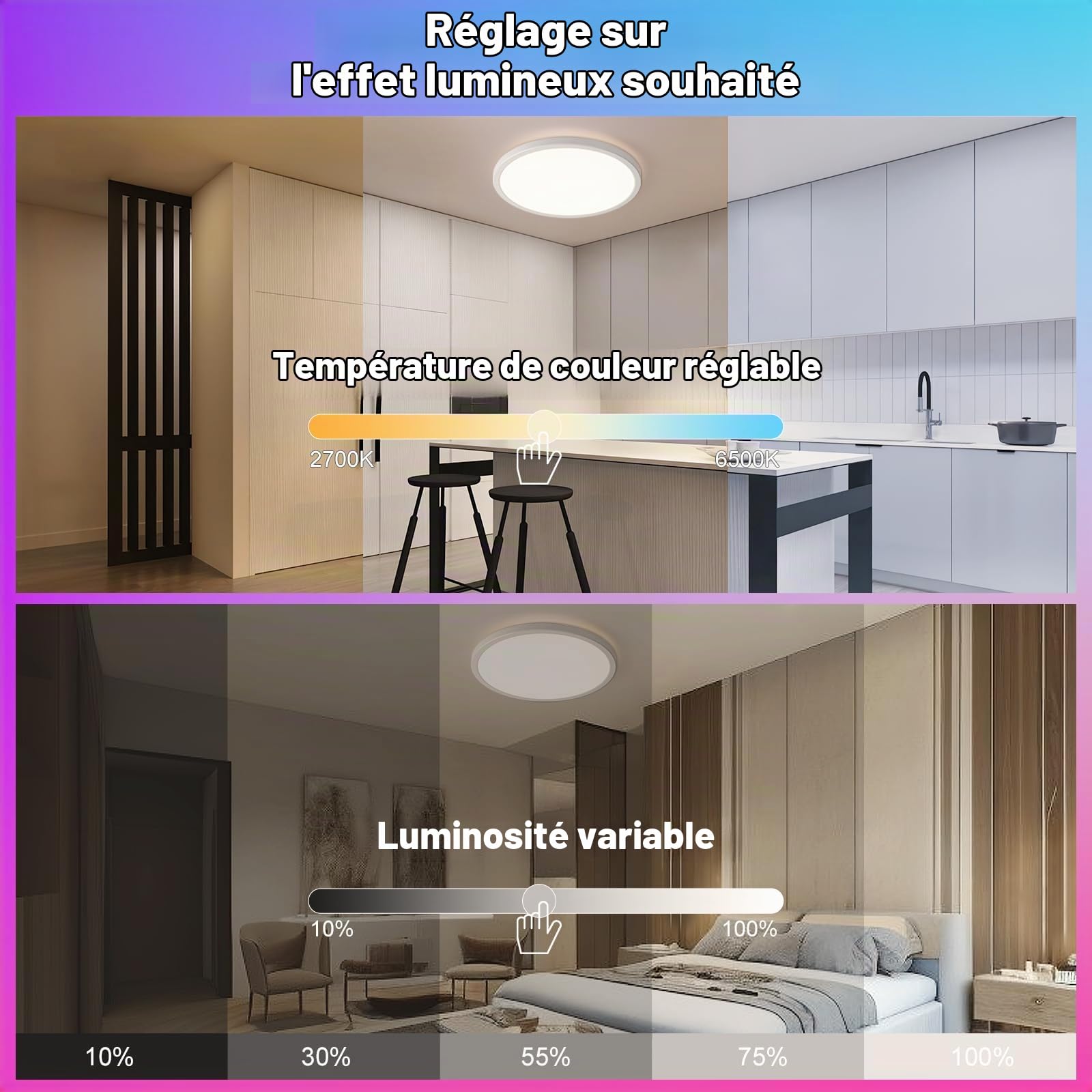 Oraymin Plafonnier LED à intensité variable avec télécommande, 24W plafonnier RGB changement de couleur rond, 3000K-6500K lampe éclairage de plafond pour chambre cuisine salon corridor balcon Ø30CM
