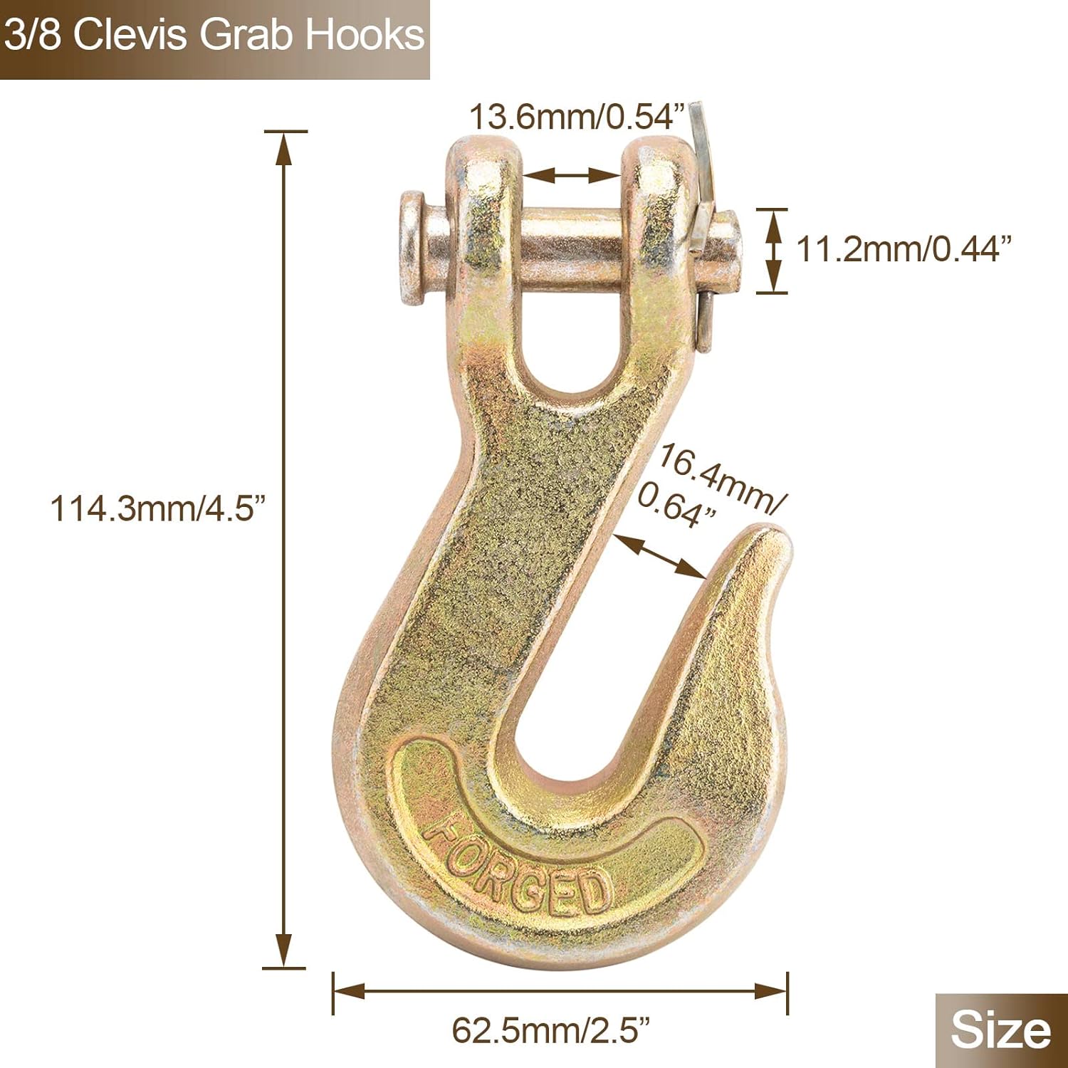 3/8" Grab Hook, Clevis Hook for Chain - Grade 70 (G70) Heavy Duty, 6600 lbs Break Strength - Fits 3/8" Truck, Trailer, Tow & Transport Chains (10 Pack)