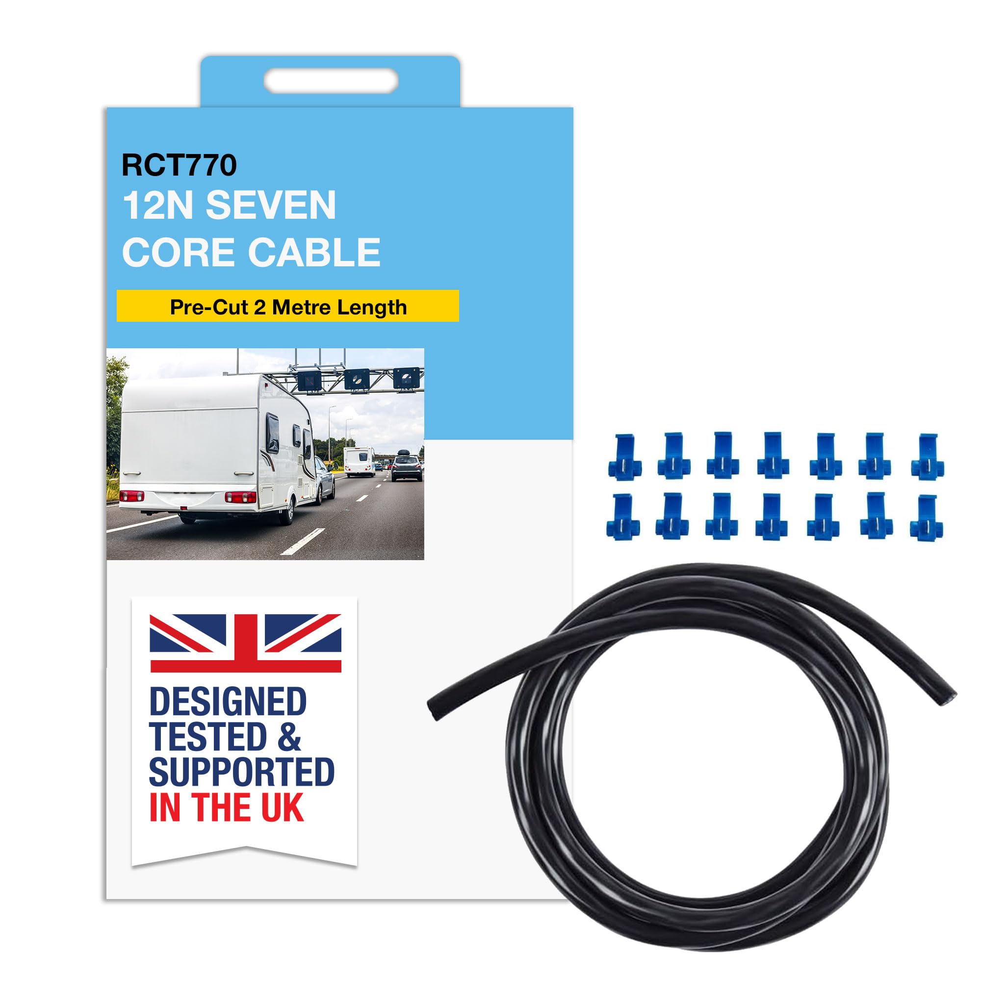 RING 12N Seven Core Cable - Pre-Cut Black 2 Metre Length Cable Complete With 7 Fast Fit Connectors