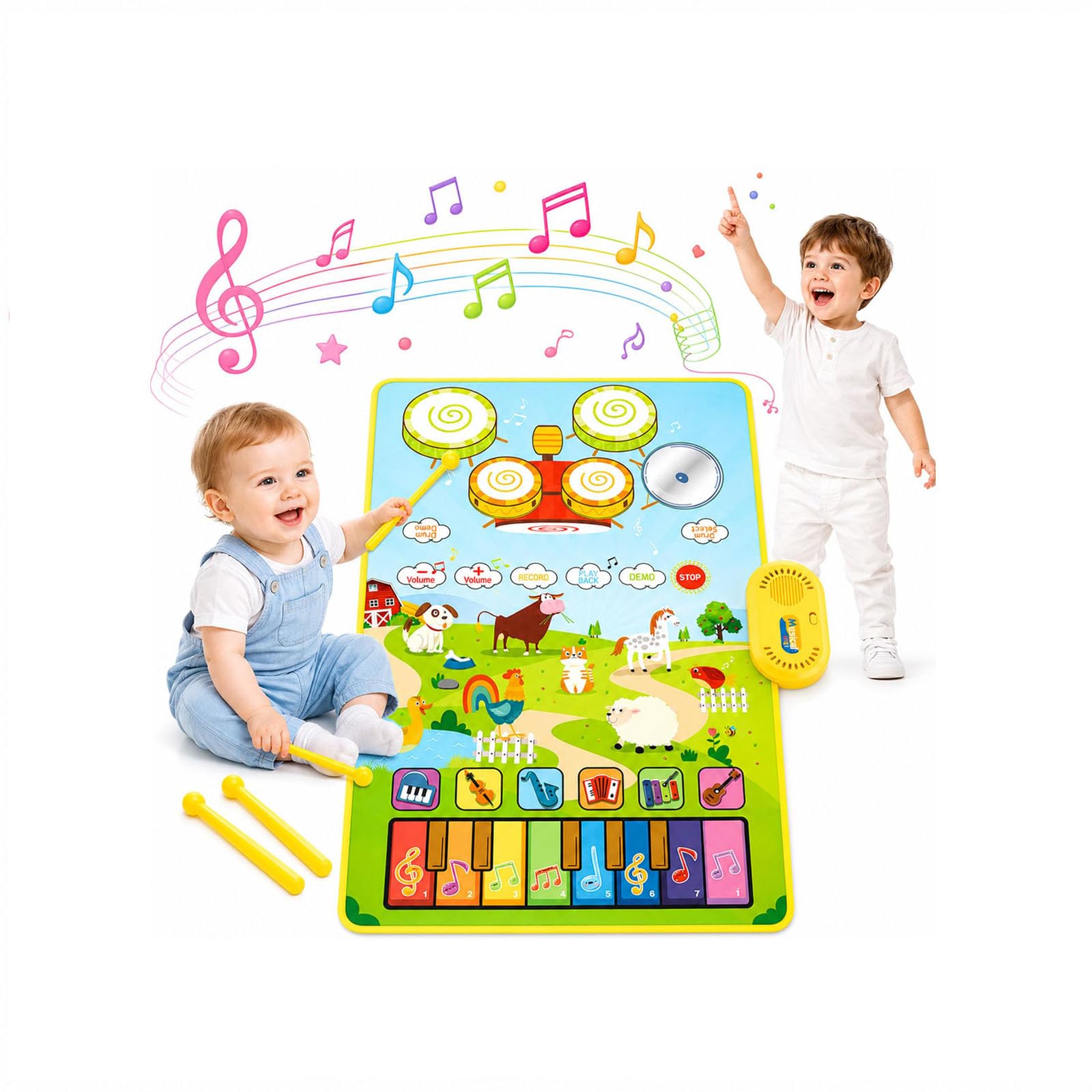 EVERGOODS 3 in 1 Musical Play Mat for Kids, Animal Piano & Drum Percussion Mat, Educational Baby Music Toy with Record & Playback, Large 80×50cm Foldable Floor Keyboard Mat (Animal patterns)