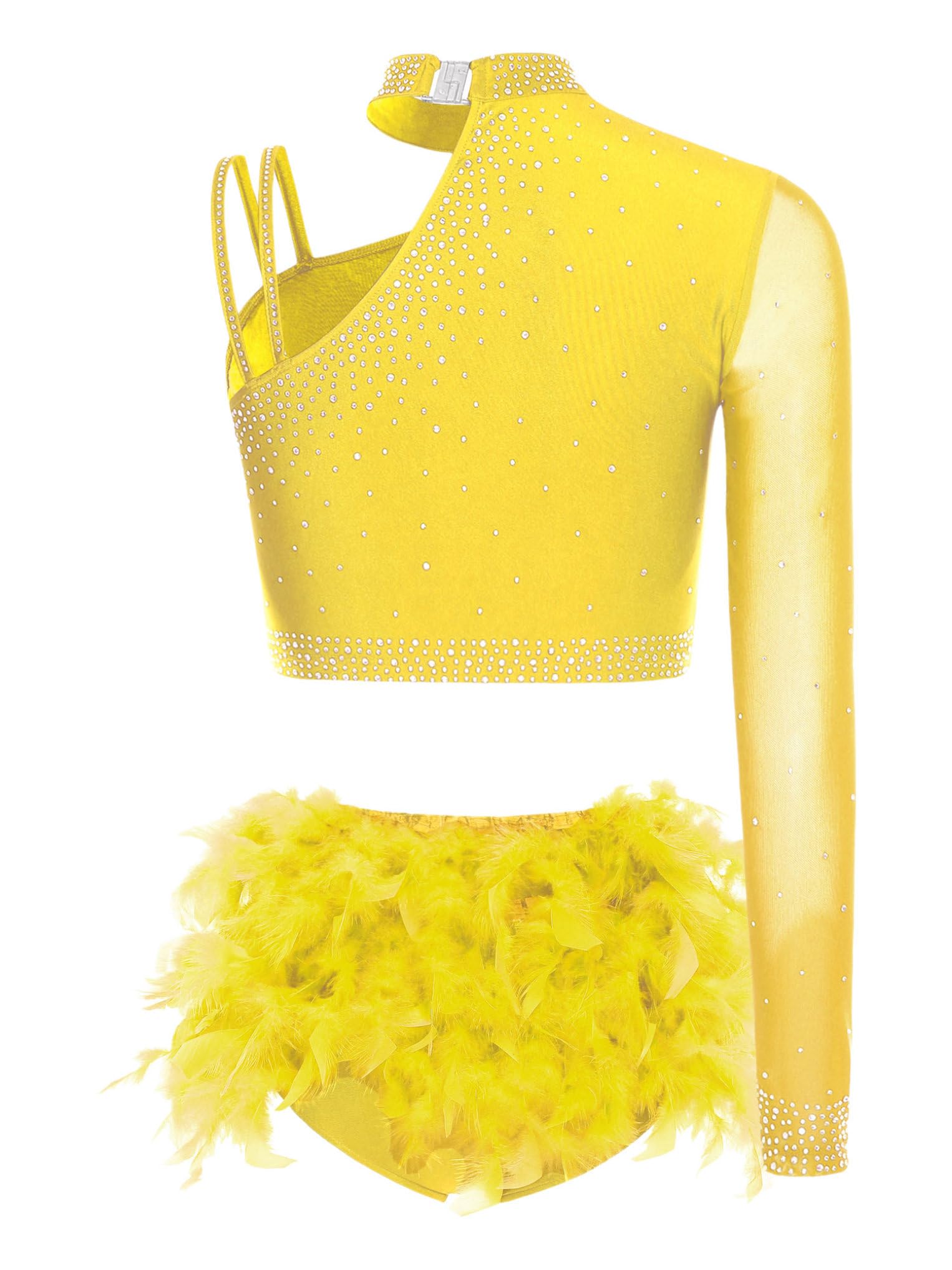 Oyolan Femme Costume Danse Moderne Jazz Robe Danse Latine Crop Top Strass Haut Une Épaule Short Tenue Patinage Gymnastique