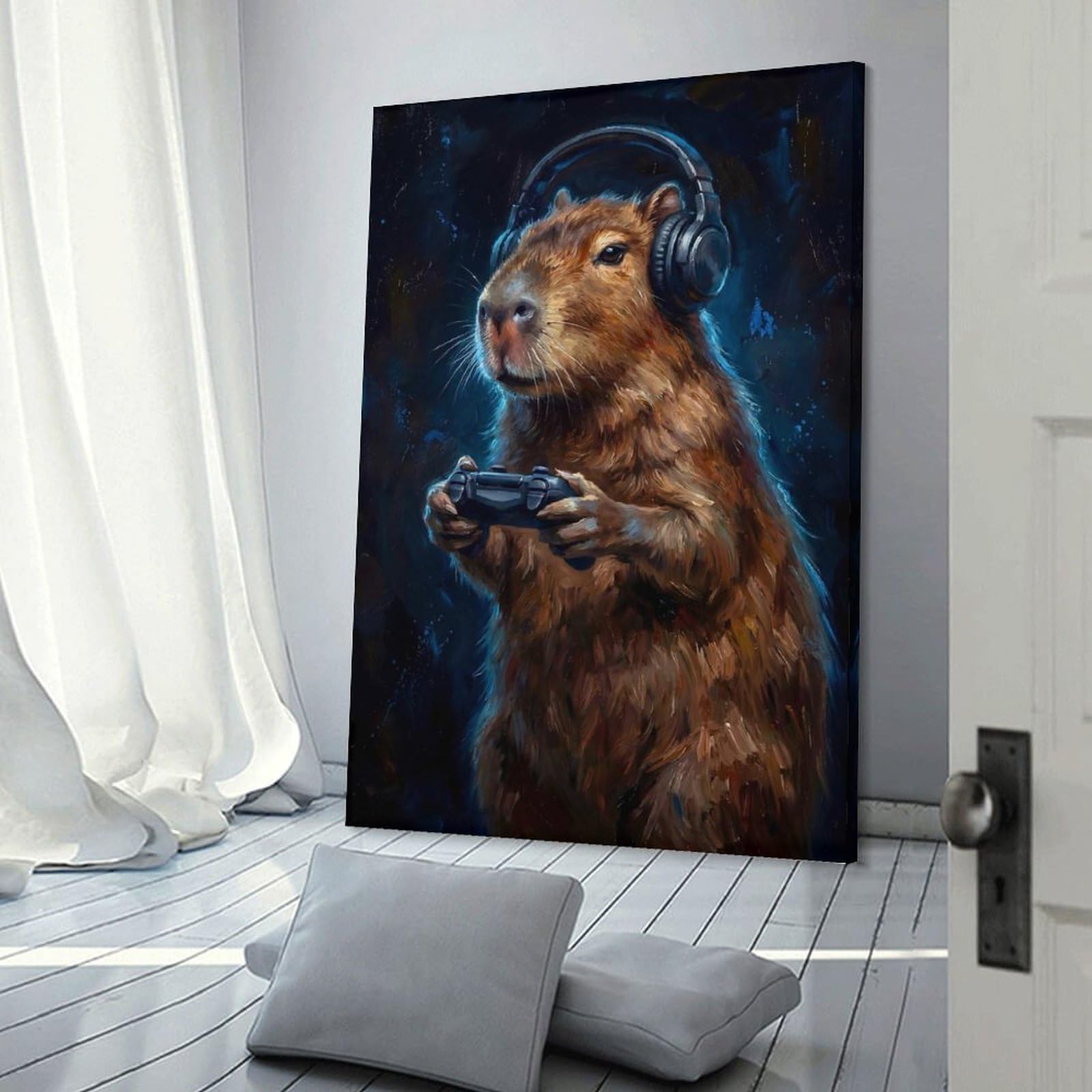 Junmoney Hanging Wall Art Capybara Gamer Painting, 24x36inch(60x90cm), for Living Room, Bedroom Or Apartment Walls, Decorative Artwork for Empty Walls