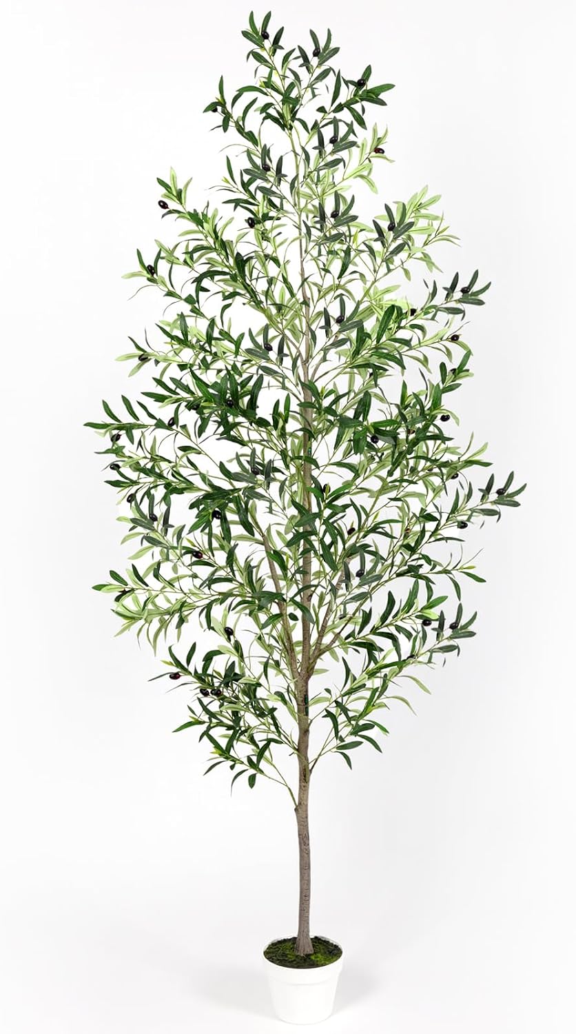 Artificial Olive Trees with Lifelike Natural Trunk, Leaves, Moss and Fruits, 7FT Tall Faux Olive Tree with White Versatile Nursery Pot, Fake Plants for Indoor Home Decor, Office Decor, Room Decor