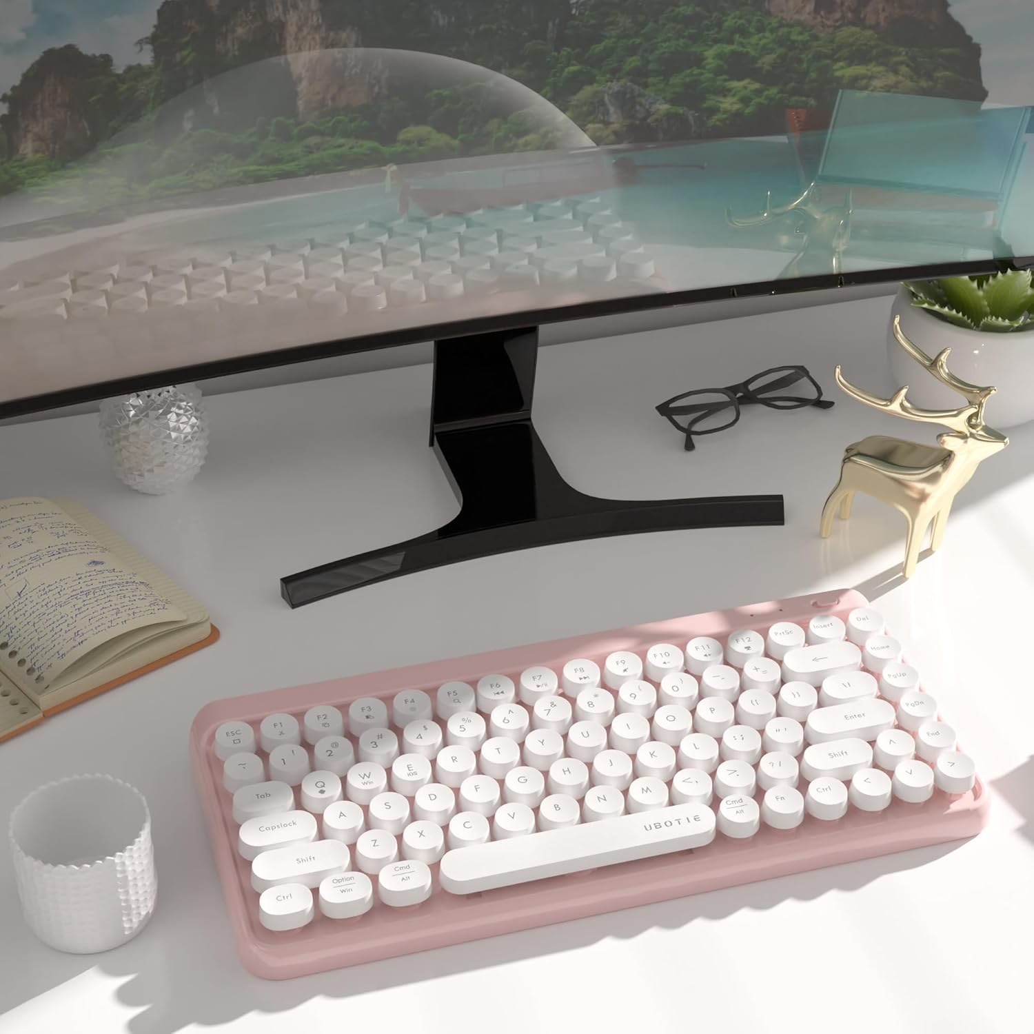 UBOTIE Wireless Bluetooth Keyboard, Portable 84-Key with Cute Retro Round Keycaps, Ergonomic Typewriter Keyboards Compatible with Windows, Android, MAC (Pink-White) - Image 3