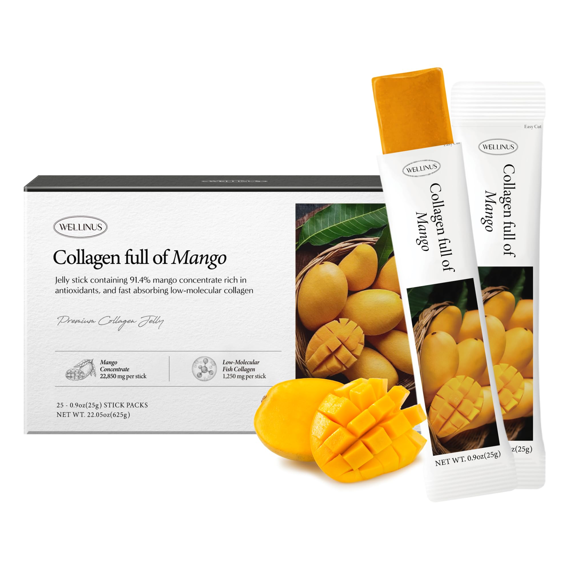 Korean Collagen Jelly Sticks - 25 Mango Flavored Marine Collagen Peptide Snacks for Anti-Aging- Collagen Protein Sugar-Free, Travel Packs for Hair & Nail Strength