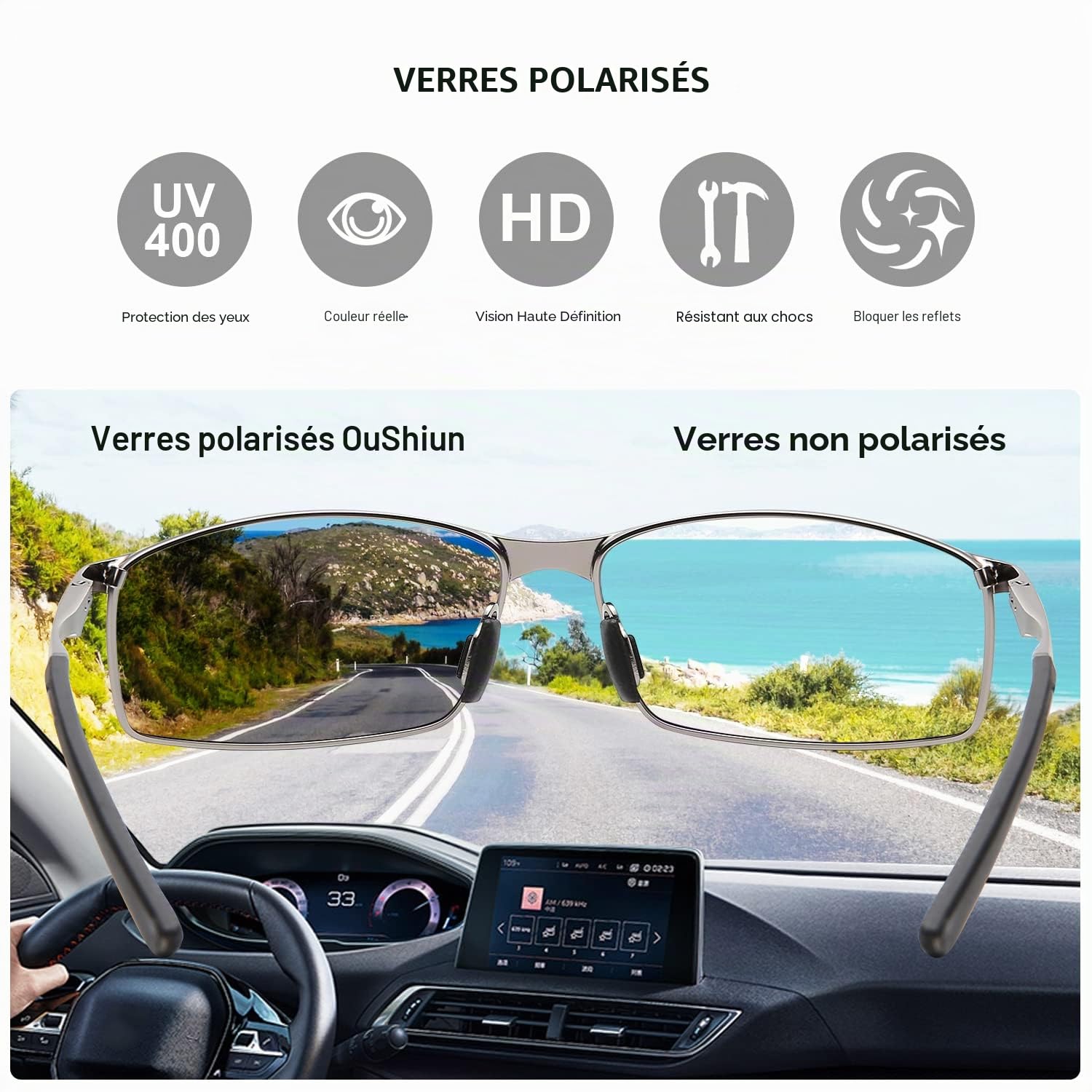 Lunettes de sport polarisées pour homme - Cadre en métal - Protection UV - Conduite - Pêche - Cyclisme - Course - Conducteur