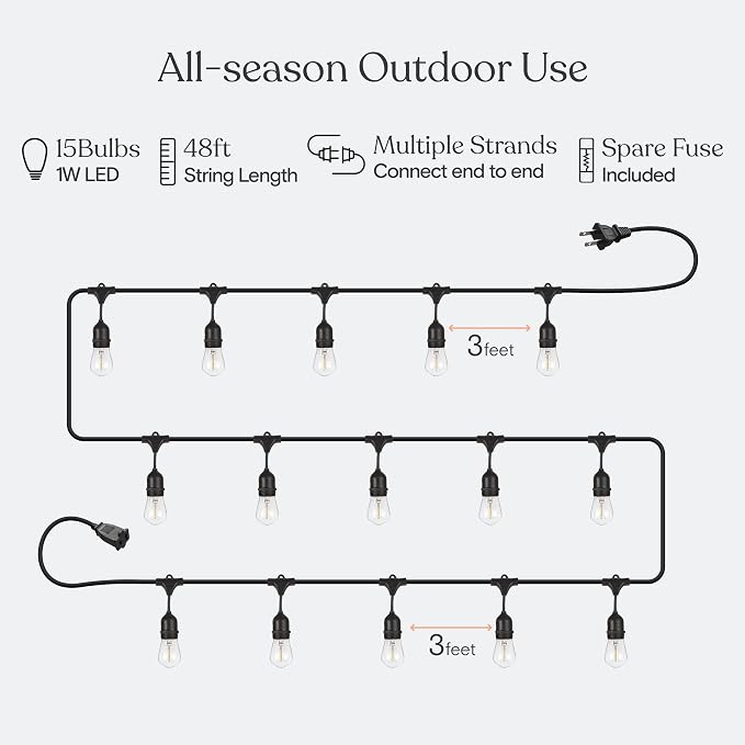 Brightech Ambience Pro LED String Lights - 48 Ft Commercial Grade Patio Lights Outdoor Waterproof - Heavy Duty Porch String Lights for Backyard, Christmas - Dimmable Vintage Edison 1W 15 Bulbs,