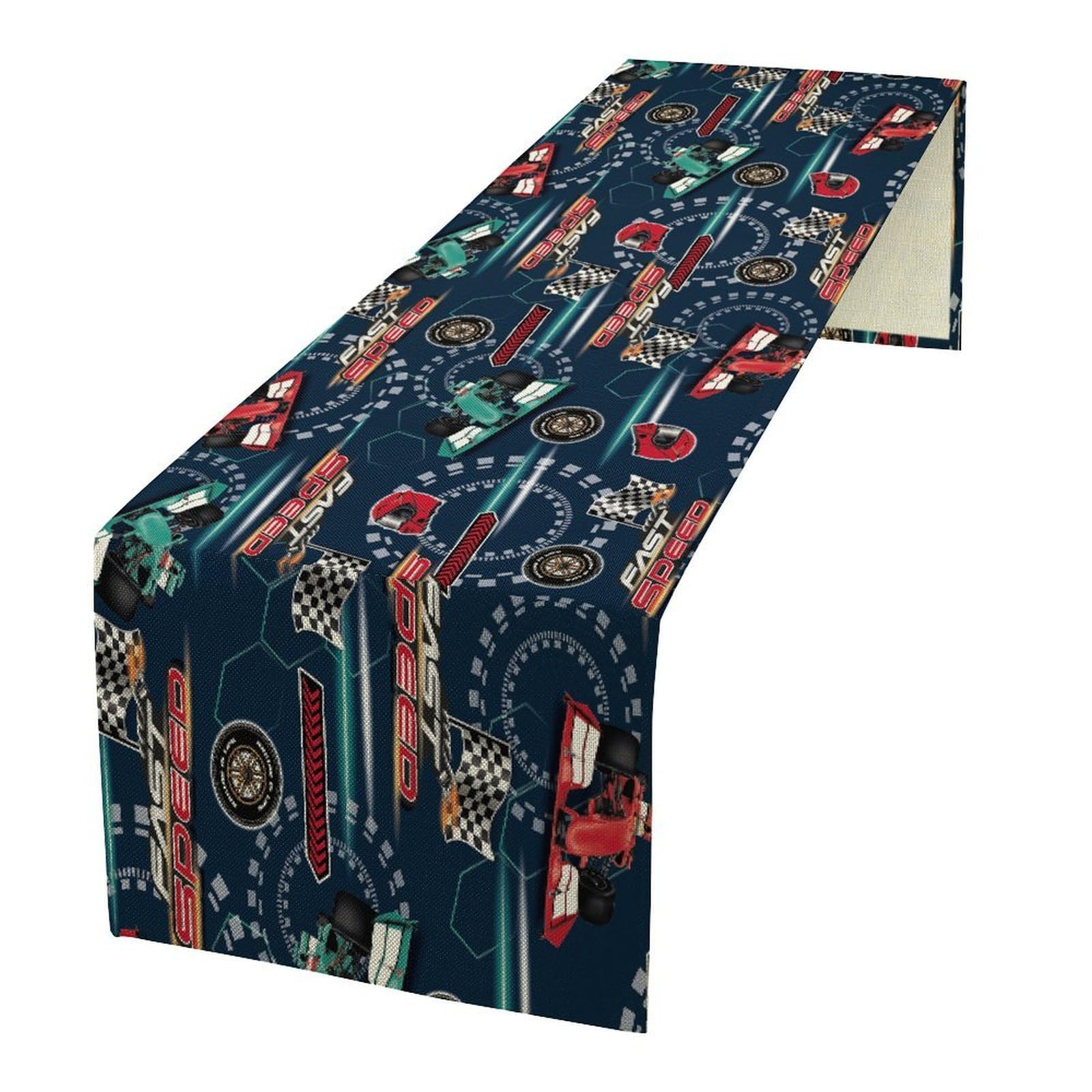 Sport Car Table Runner Abstract Red Sport Car Chequered Flag Speedometer for Home Kitchen Restaurant Decoration 13x36 Inch