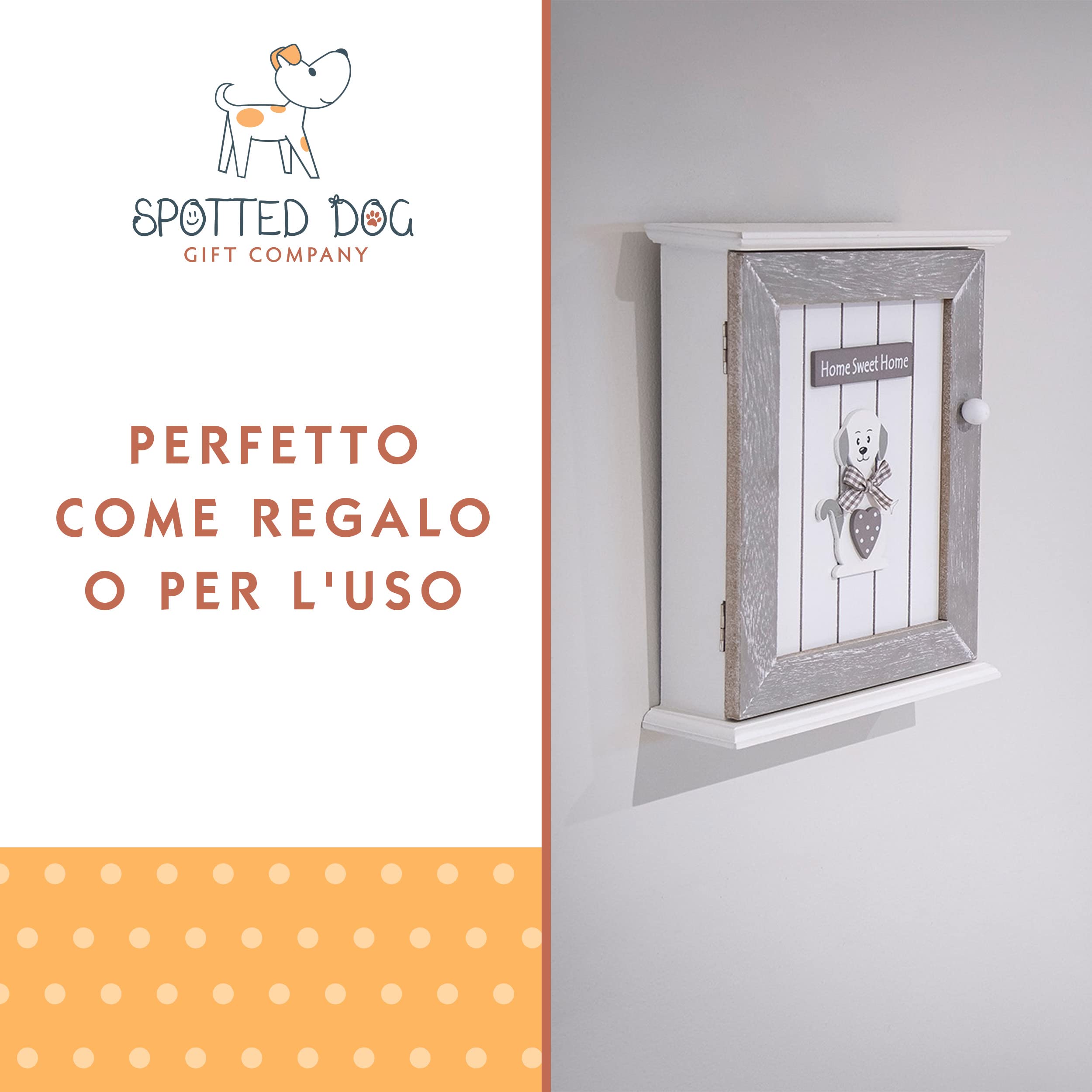 SPOTTED DOG GIFT COMPANY - Armadietto Portachiavi da Parete con Motivo Cane e Scritta Home Sweet Home - Decorazione per l'ingresso con 6 Ganci in Legno - Grigio/Bianco