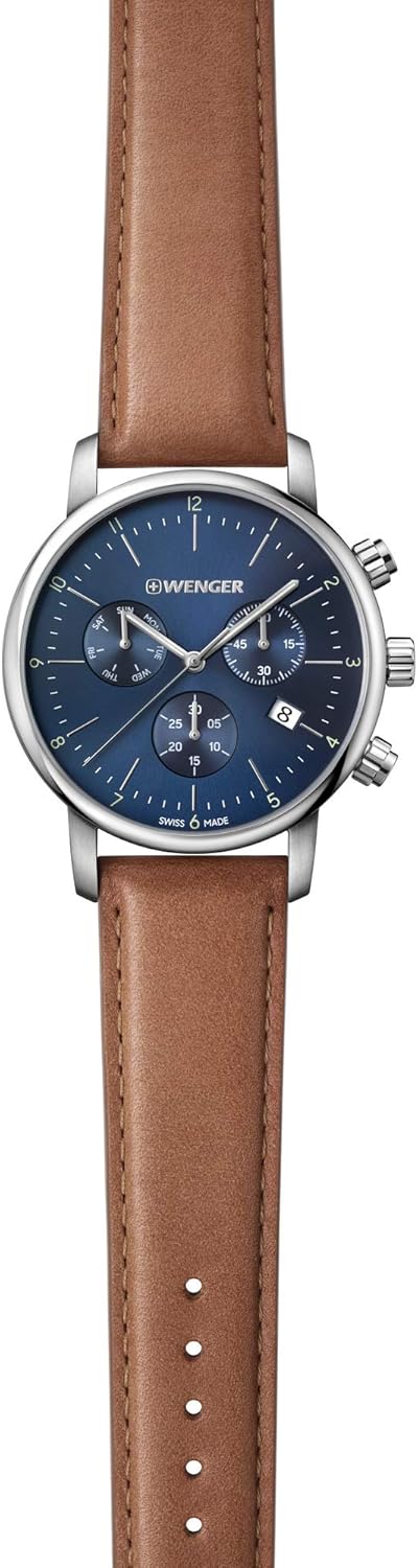 Wenger Urban Classic Chrono Mens Analogue Quartz Watch with Leather Bracelet 01.1743.104, Multicoloured (Brown/Blue), 44 mm - Image 3