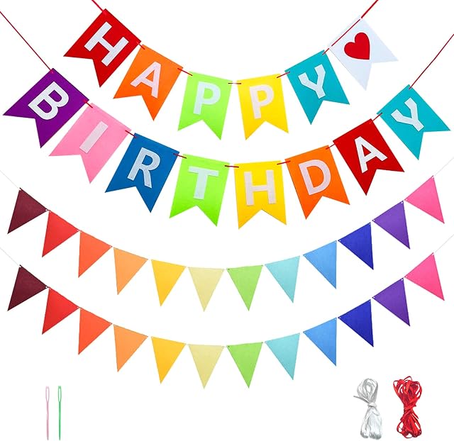 EQLEF Happy Birthday Bunting Banner, Rainbow Felt Fabric Bunting Flags Outdoor Waterproof Banner Party Decorations Pack of 3