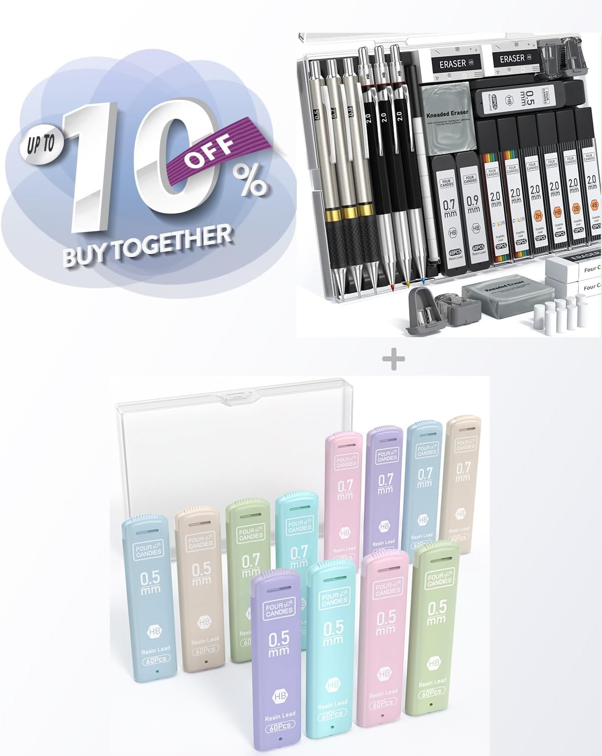 Four Candies 25PCS Art Mechanical Pencil Set + 0.5/0.7mm Lead Refills in Case
