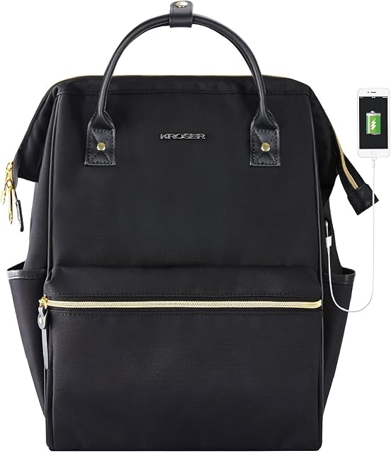 KROSER Laptop Backpack 15.6 Inch School Computer Rucksack Water Repellent Wide Open College Travel Business Work Bag with USB Port for Men/Women-Black