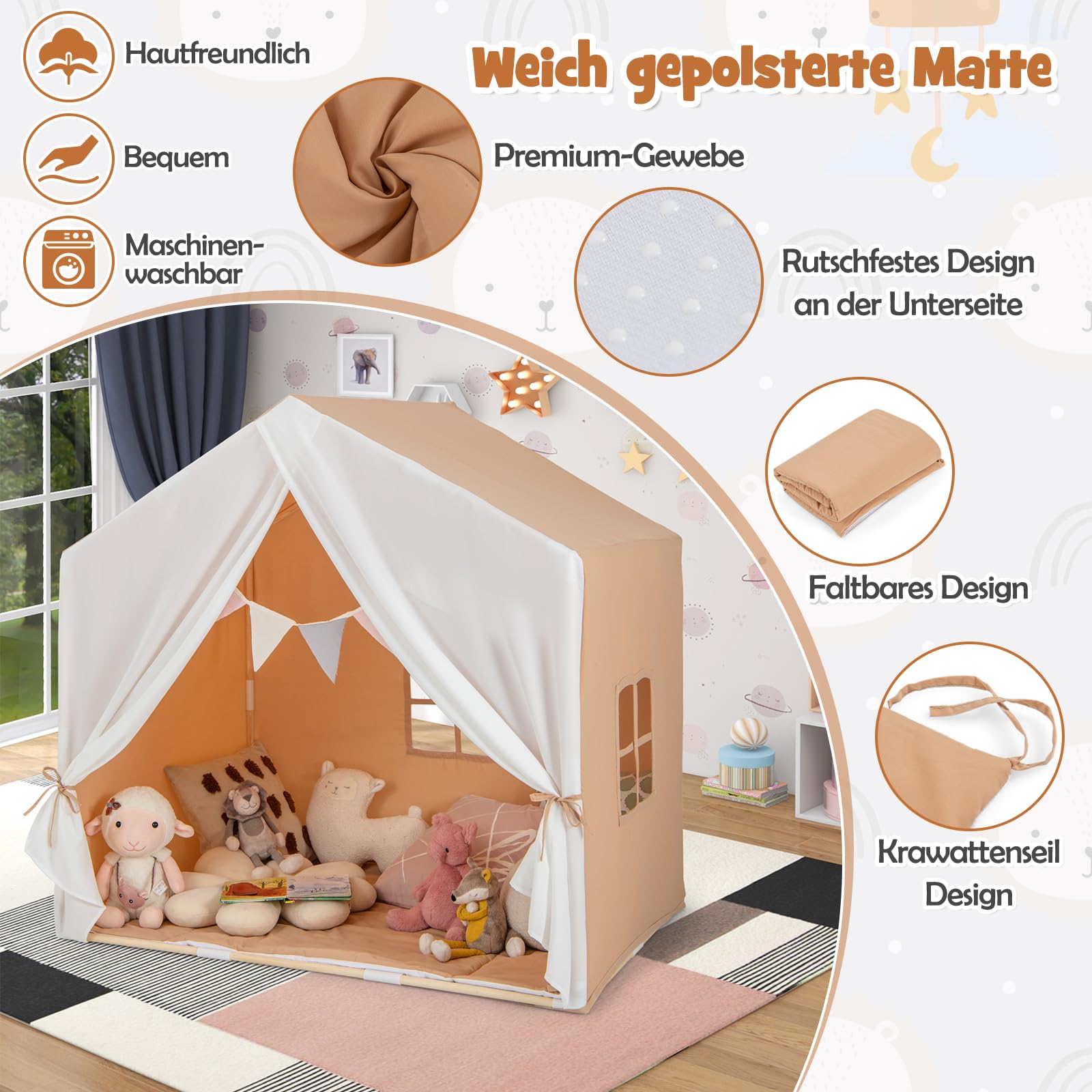 DREAMADE Kinderzelt für drinnen mit Matte und Girlande, Kinder Spielhaus Indoor mit Fenstern & Vorhang, Tipi Zelt, Kinder Spielzelt mit Massivholzrahmen für Jungen und Mädchen (Hellbraun + Weiß)