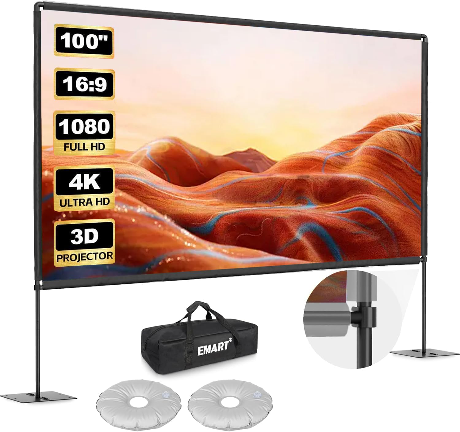 Écran de Projection avec Support 100 Pouces, EMART Toile de Projection Portable 16:9 HD 4K Adapté Intérieur et Extérieur avec Sac Transport et Base Robuste, pour Le Jardin, Fêtes et Home Cinéma