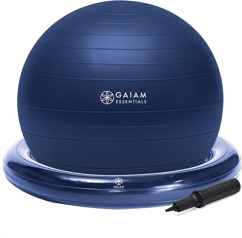 Gaiam Essentials Kit de base y pelota de equilibrio, silla de pelota de yoga, pelota de ejercicio con base de anillo inflable para escritorio de hogar u oficina, incluye bomba de aire