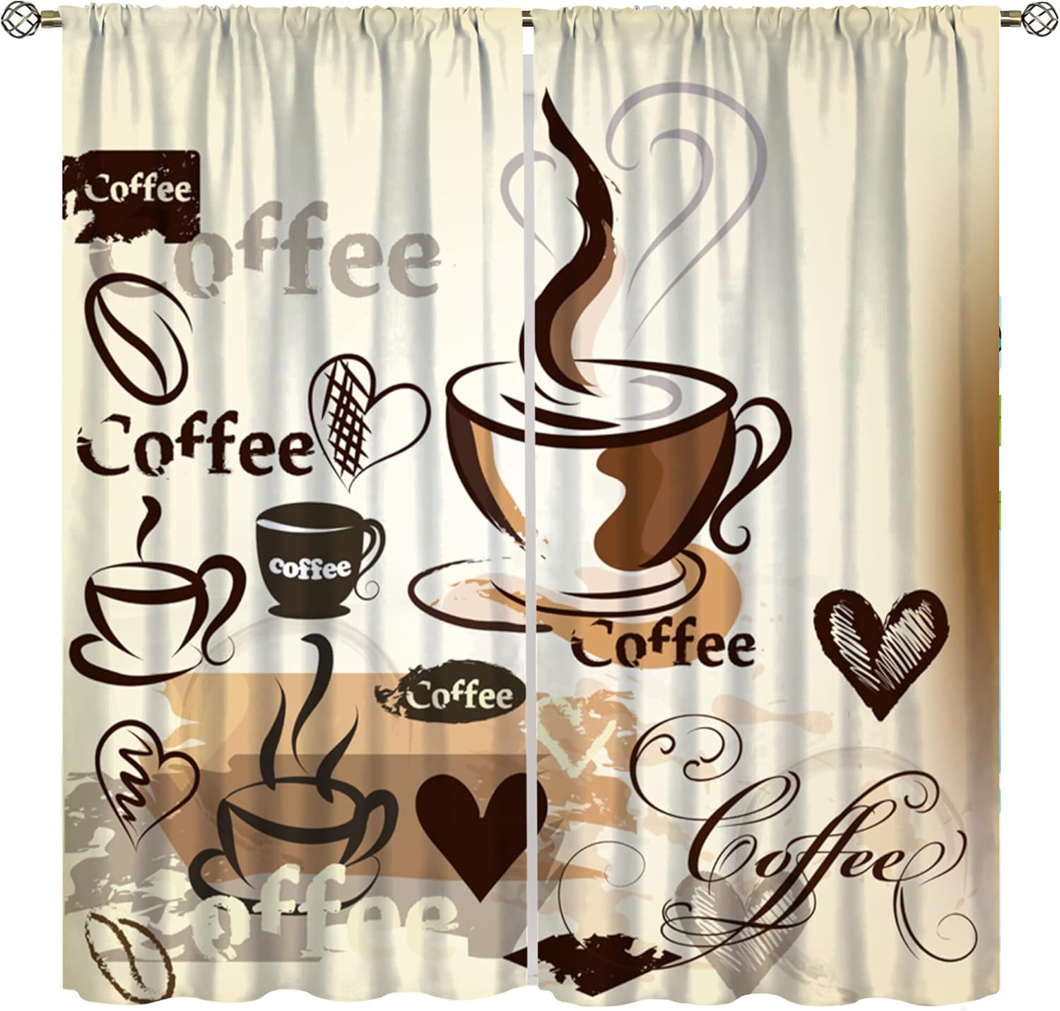 YCness Coffee Curtains for Kitchen Window Treatments, Theme Latte Tea Cup Living Room,Cafe Brown Drapes 2 Panel Sets,52x84 Inch