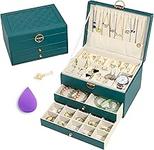OCEANEVO 3 Layer Jewellery Organisers Box with Lock AND Makeup Sponge, Vegan PU Leather Jwell Organizer Storage Box for Rings, Earrings, Necklace - 23 x 17.2 x 13.5 Cm - Green - 1 Year Warranty