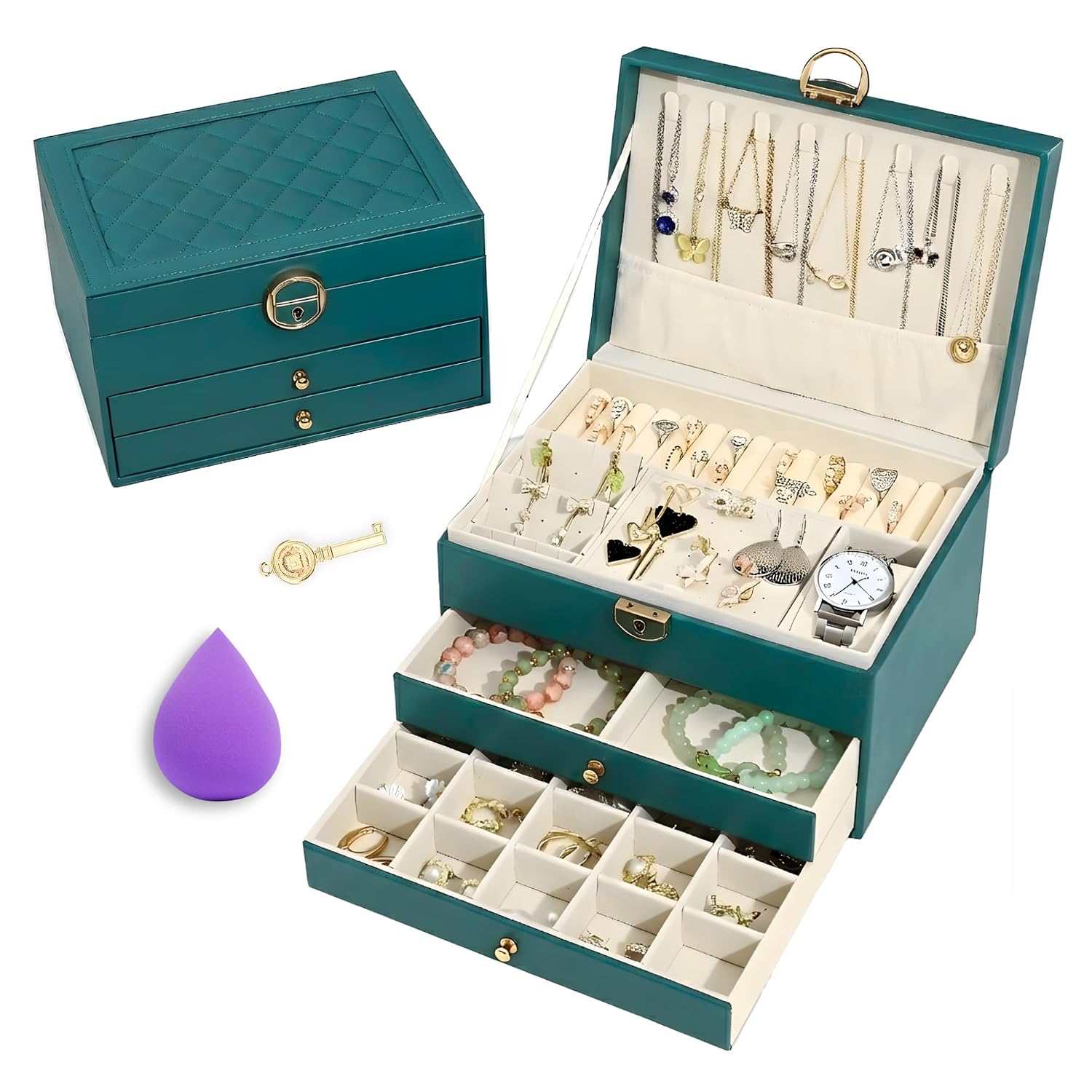 OCEANEVO 3 Layer Jewellery Organisers Box with Lock AND Makeup Sponge, Vegan PU Leather Jwell Organizer Storage Box for Ri... - Review, Price and Buying Guide