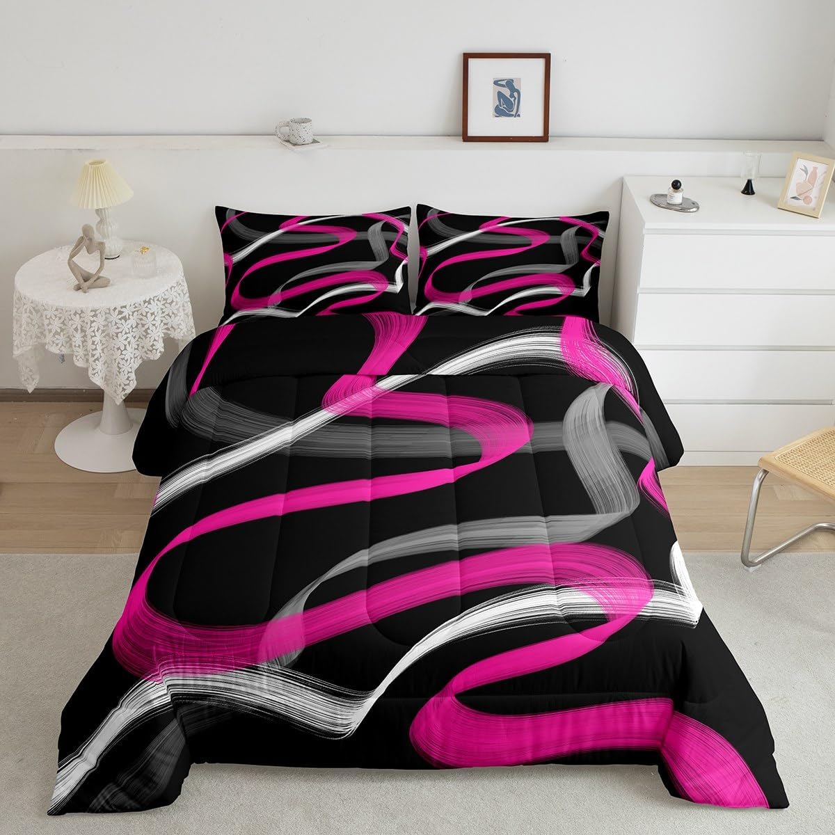 Feelyou Hot Pink Grey Black Comforter Set for Kids Stripes Comforter Queen Size Geometric Bedding Set Bedroom Decor Modern Striped Art Duvet Set Abstract Quilt Set 3Pcs