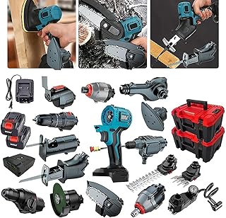 Kit combinado de ferramentas elétricas multifuncionais: berbequim de impacto sem escovas, serra de quebra-cabeças, chave de fenda, lixadora, máquina de limpeza, serra de corrente, chave de dupla