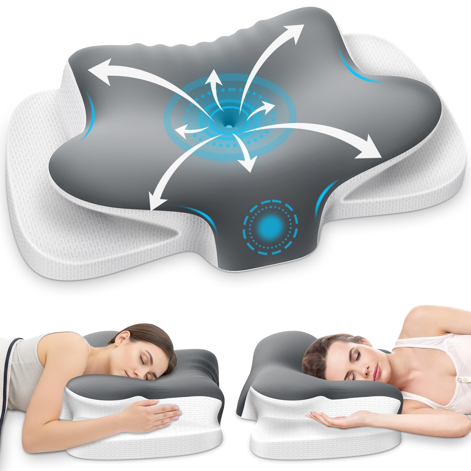 Ehomfory Oreiller Ergonomique Cervical 2 en 1 Oreiller Memoire Forme pour la Nuque, Coussin pour Dormir sur Le côté, Le Dos et Le Ventre, 65x37x10/12cm, Gris