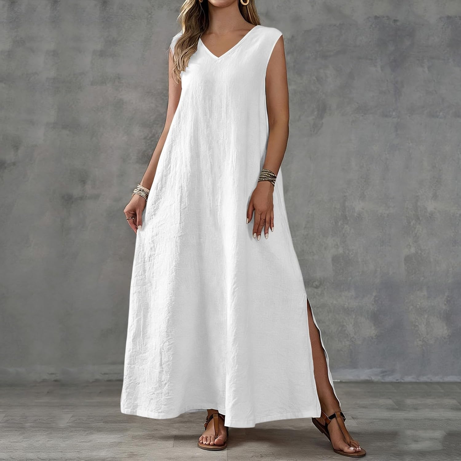 Cotton Linen Maxi Dress for Women Summer V Neck Sleeveless Split Beach Tank Dresses Casual Loose Fit Solid Sundress