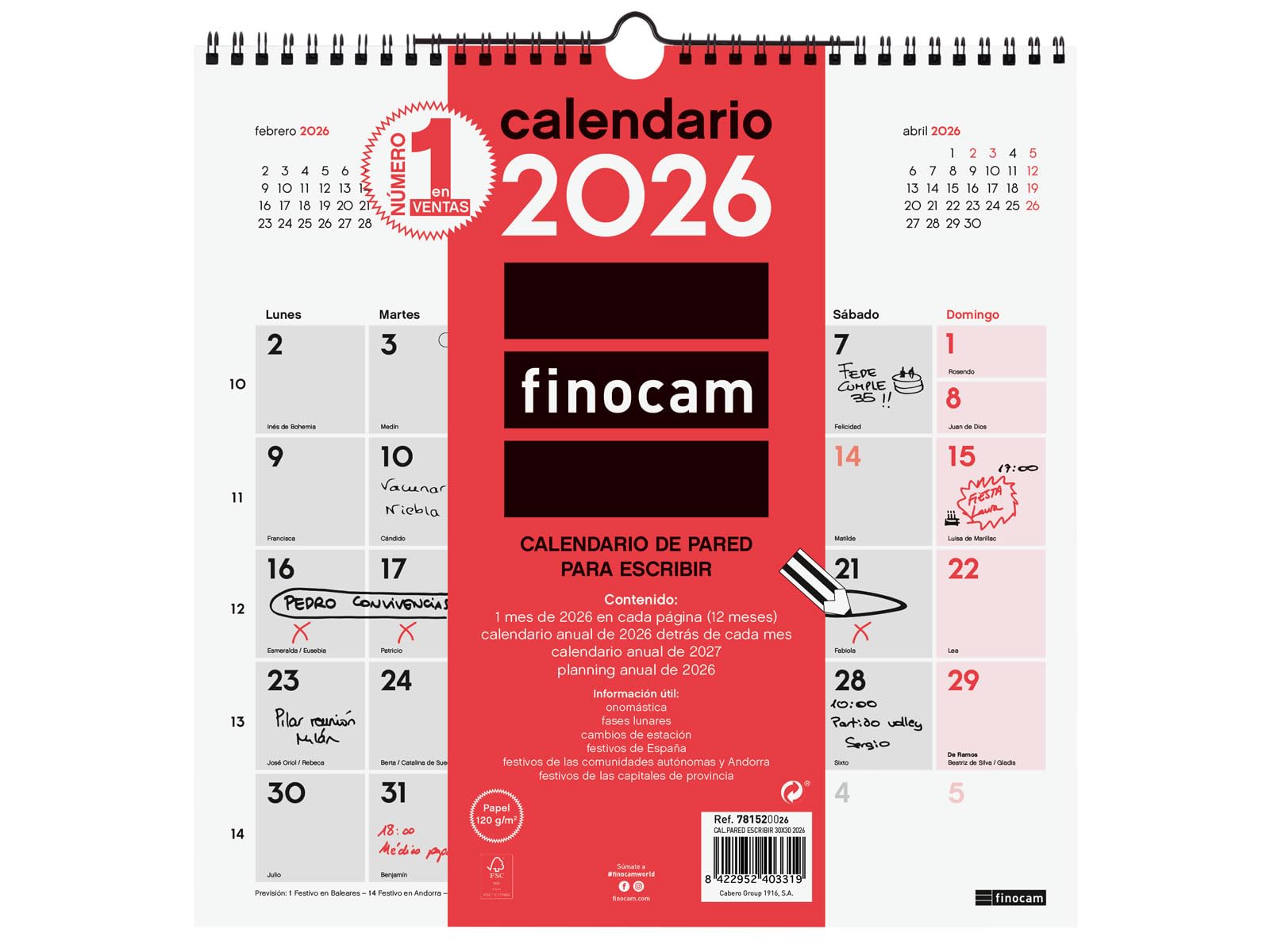 Finocam - Calendario de pared 2026 Mes Vista Enero - Diciembre (12 meses) | Calendario 2026 para anotar | Planificador mensual Neutro - Español