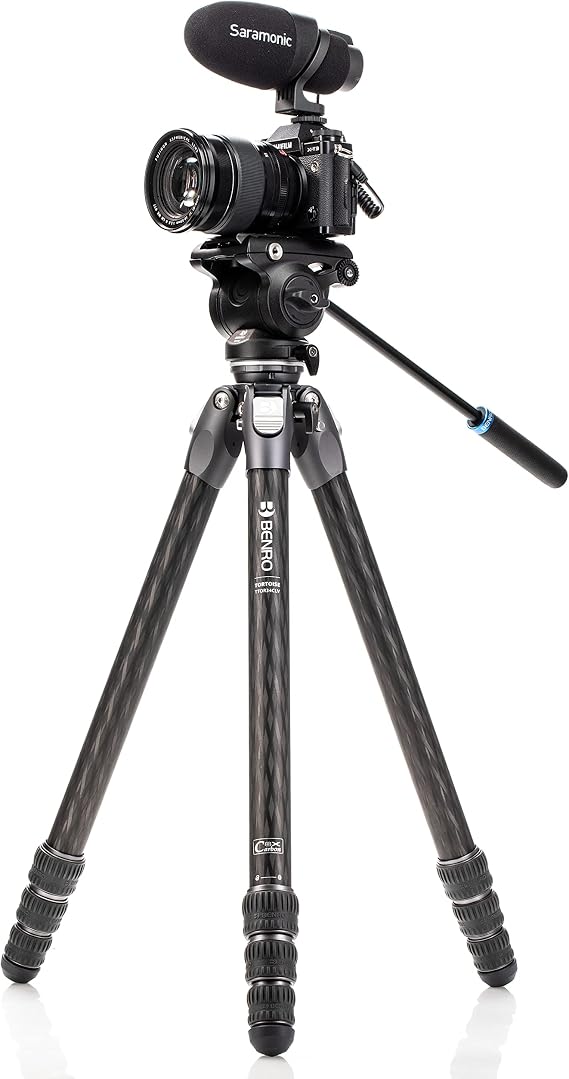 Benro Tortoise Columnless with Leveling Base Carbon Fiber Three Series Tripod with S4PRO Flat Base Video Head, 4 Leg Sections, Twist Leg Locks, Padded Carrying Case (TTOR34CLVS4PRO)