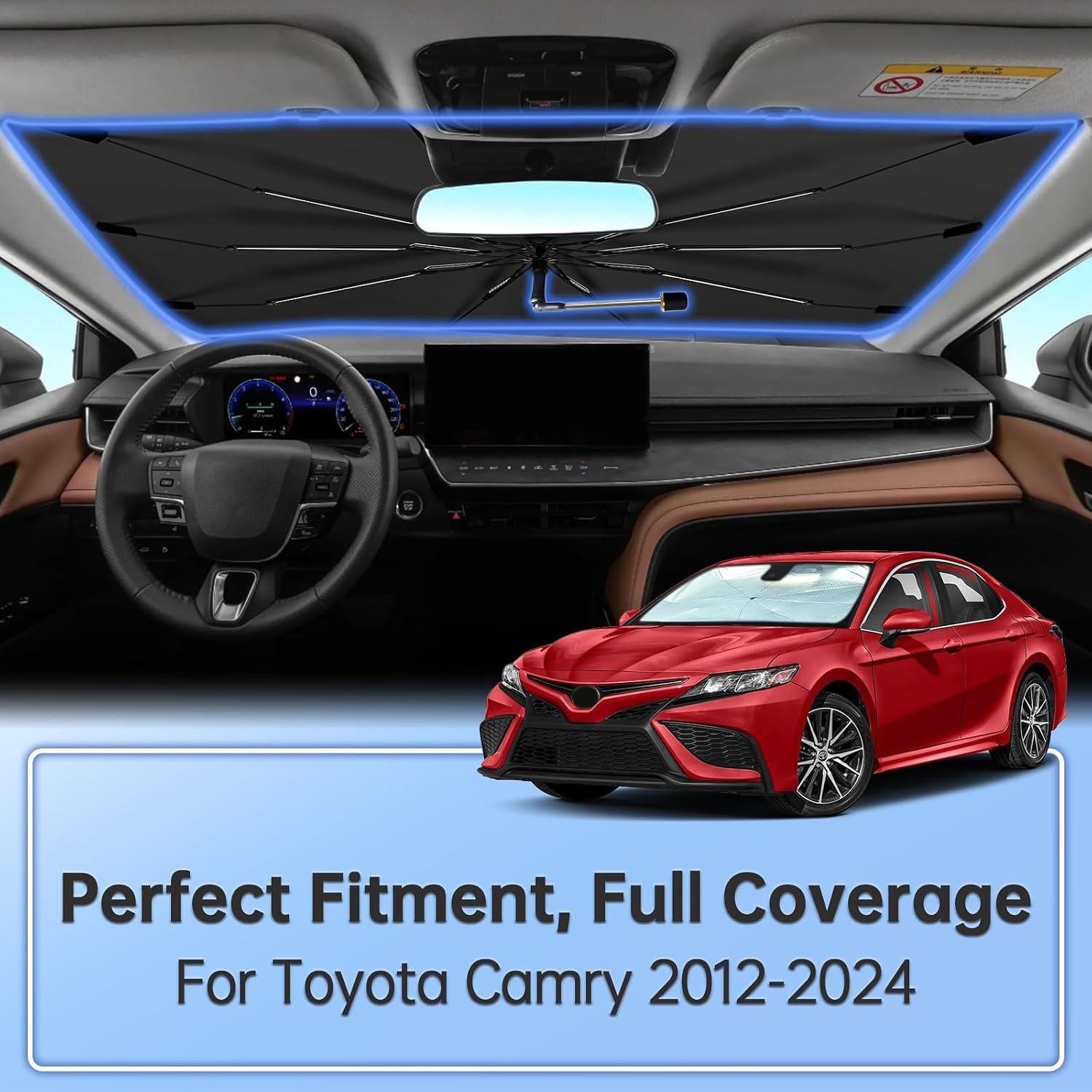 Windshield Sun Shade Umbrella for Toyota Camry 2012-2024, Foldable Car Sunshade for Front Window, Highly Reflective Windshield Sun Shield Visor for UV Protection, Keep Car Cool Accessories