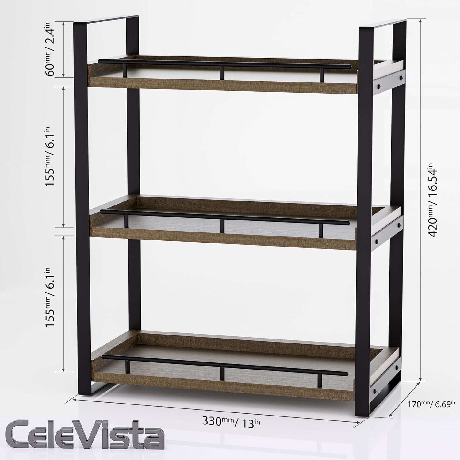 Bathroom Counter Organizer, 3 Tier Wood Countertop Shelf for Vanity, Skincare, Makeup, Kitchen Coffee and Sink Storage, with Durable Metal Bracket (Dark Brown)