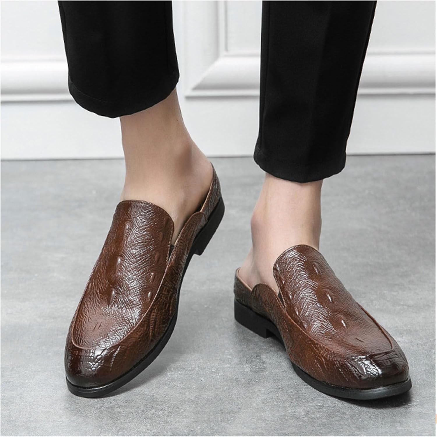 Men's Fashion Backless Loafers Genuine Leather Mule Shoes Leisure Anti Slip Patterned Breathable Mule Shoes - Image 5