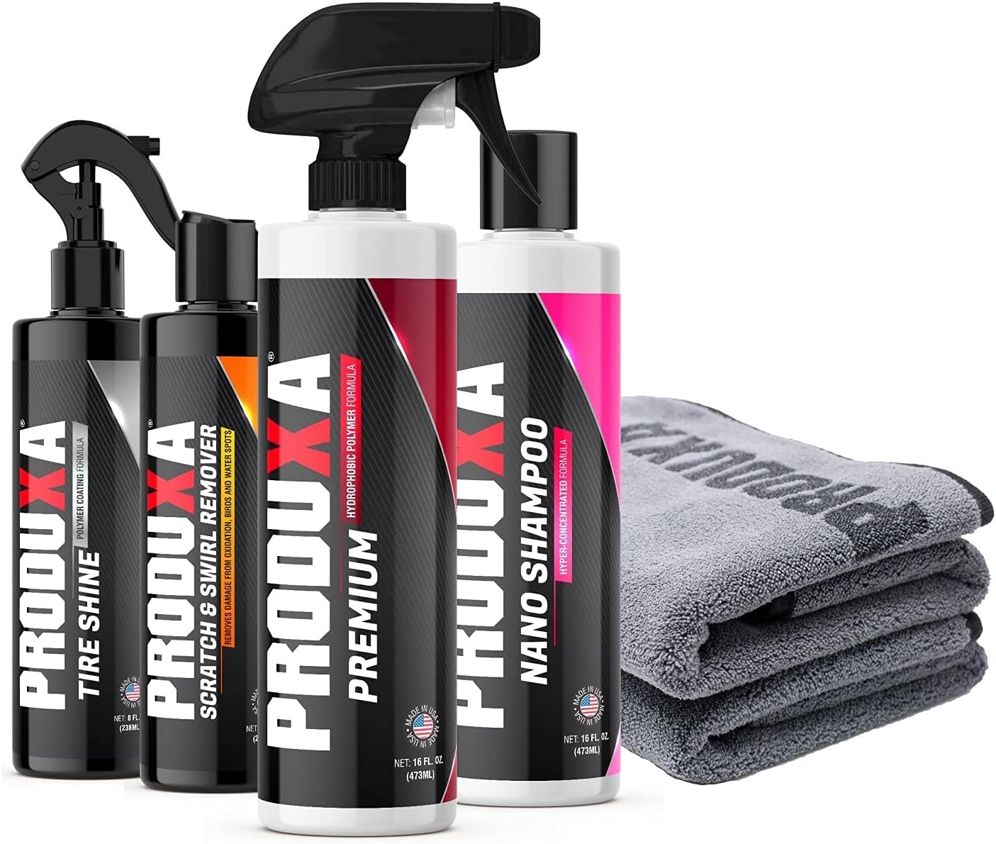 PRODUXA Premium Essential Detailing Kit - 16oz Premium, 16 oz PH Balanced Shampoo, 8oz Tire Shine, 8oz Scratch & Swirl Remover, & 3 Premium Microfiber Towels