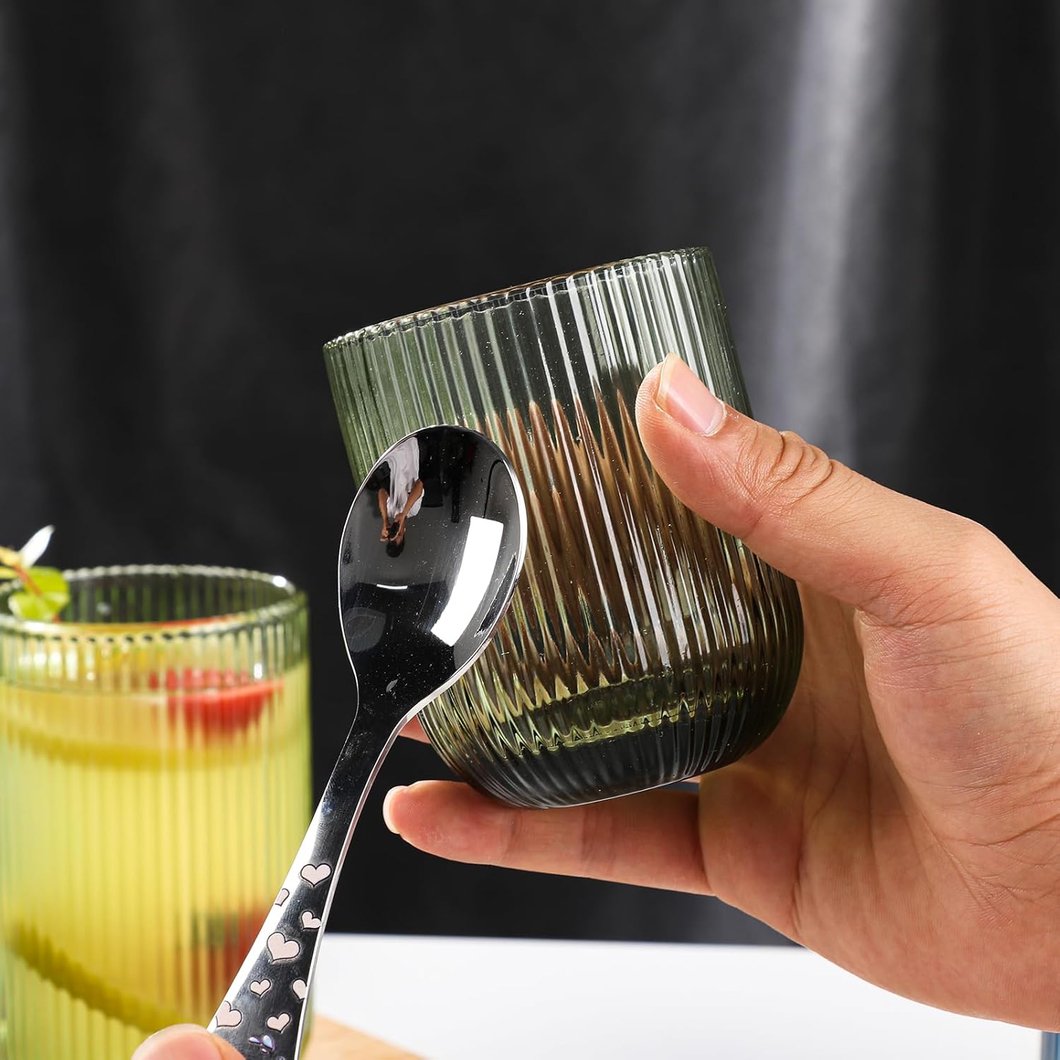 Set of 16 vintage Glassware,8 Highball Glasses 14oz & 8 Rocks Drinking Glasses 9oz, Green, fluted ribbed & leaning ribbed