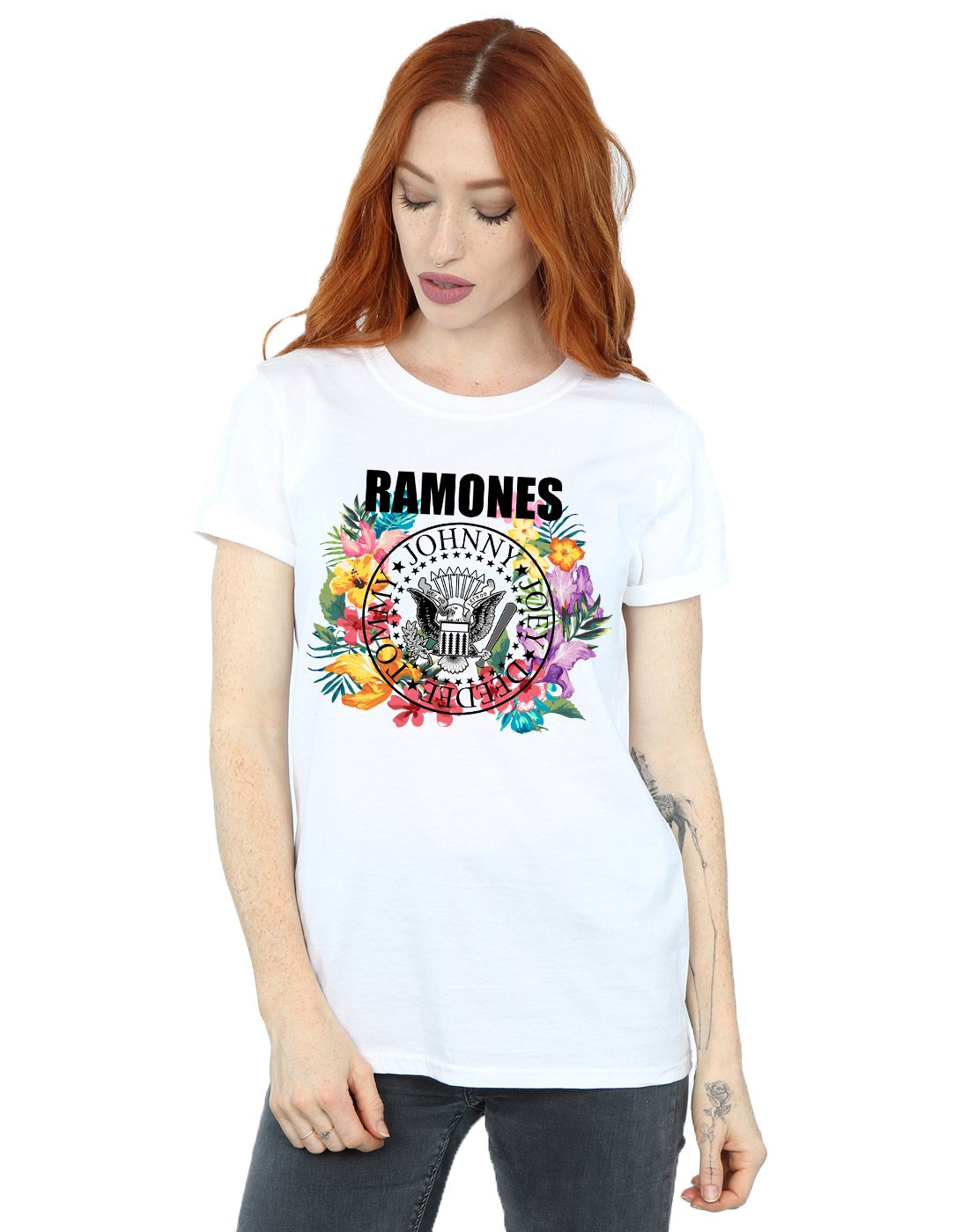 Absolute Cult Ramones Women's Circle Flowers Boyfriend Fit T-Shirt White Small