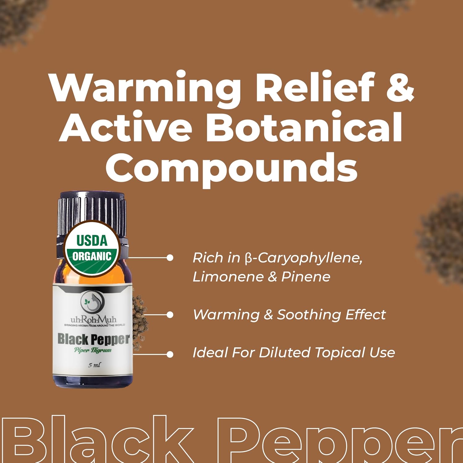 Black Pepper Organic Essential Oil - Steam Distilled Piper Nigrum Fruit Oil, Warm Spicy Aroma Middle Note Oil for Aromatherapy, Skincare, Haircare and DIY Cosmetic Blends - Sri Lanka - 5 ml
