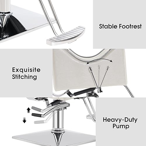 Miniatura 6 de BarberPub Silla reclinable clásica de peluquería de cuero resistente para peluquería de spa y peluquería, equipo de belleza 3126 (champán)